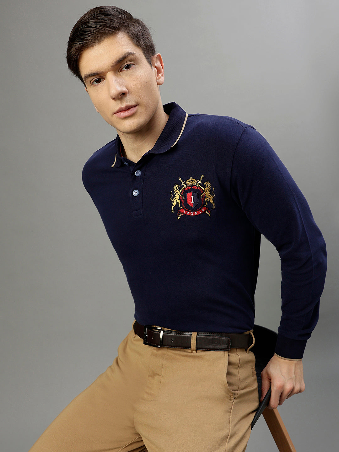 Iconic Men Navy Blue Solid Polo Collar Full Sleeves Tshirt