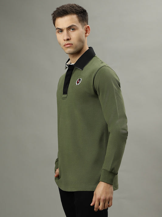 Iconic Men Green Solid Polo Collar Full Sleeves Tshirt