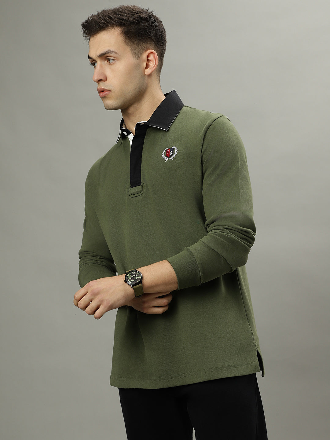 Iconic Men Green Solid Polo Collar Full Sleeves Tshirt