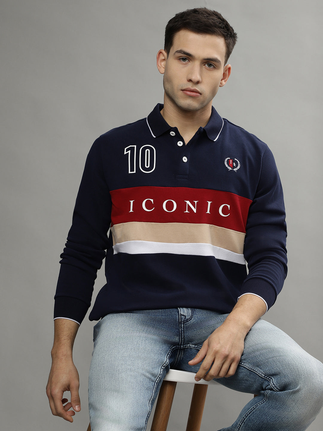 Iconic Men Multicolor Colorblocked Polo Collar Full Sleeves Tshirt
