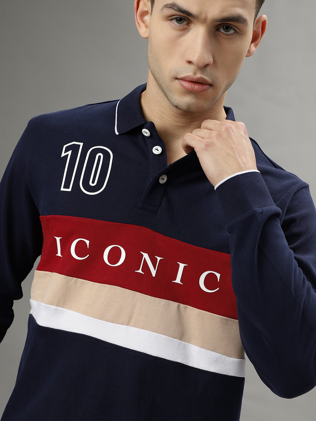 Iconic Men Multicolor Colorblocked Polo Collar Full Sleeves Tshirt