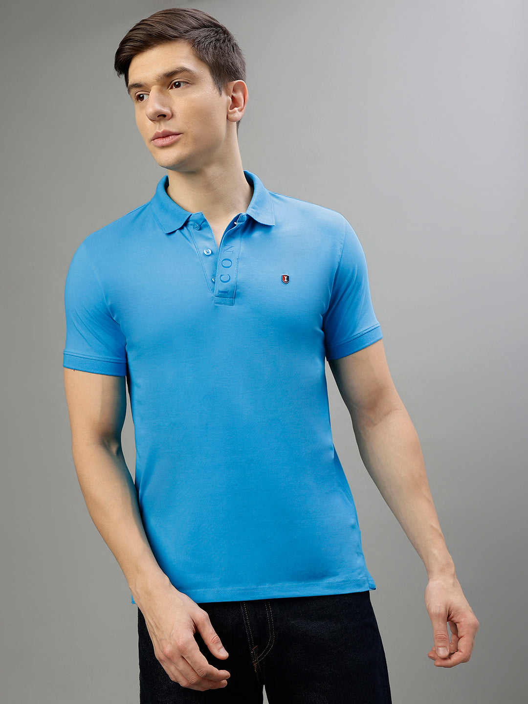 Iconic Men Blue Solid Polo Collar Short Sleeves Tshirt