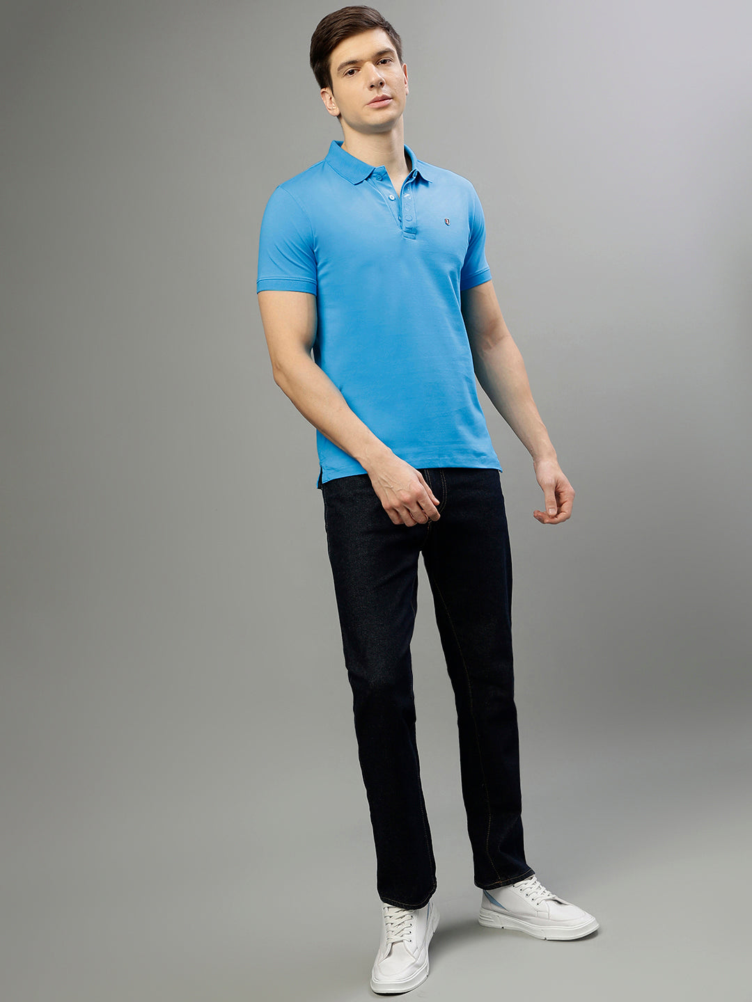 Iconic Men Blue Solid Polo Collar Short Sleeves Tshirt