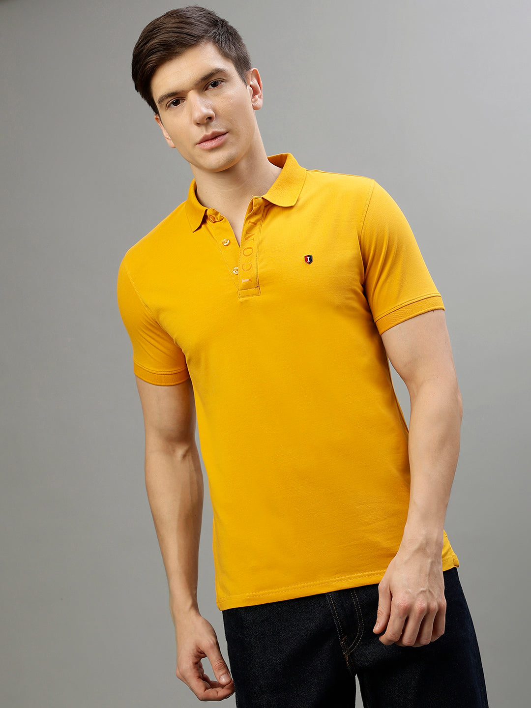 Iconic Men Mustard Solid Polo Collar Short Sleeves Tshirt