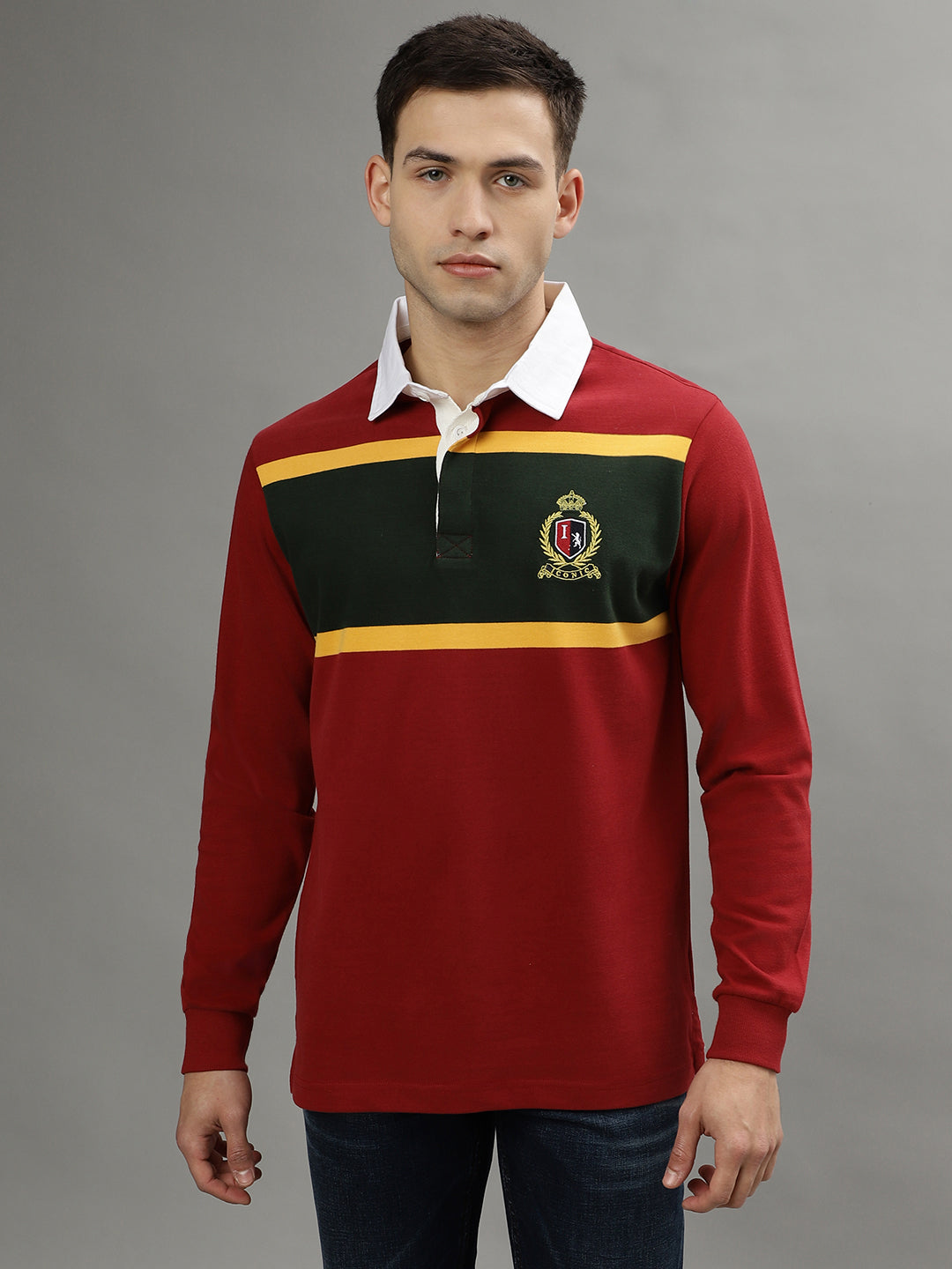 Iconic Men Red Colorblocked Polo Collar Full Sleeves Tshirt