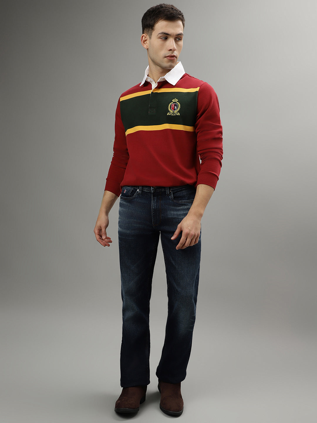 Iconic Men Red Colorblocked Polo Collar Full Sleeves Tshirt