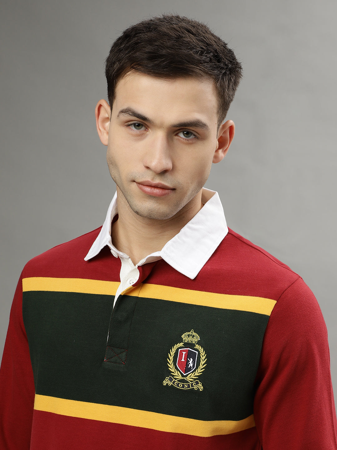 Iconic Men Red Colorblocked Polo Collar Full Sleeves Tshirt