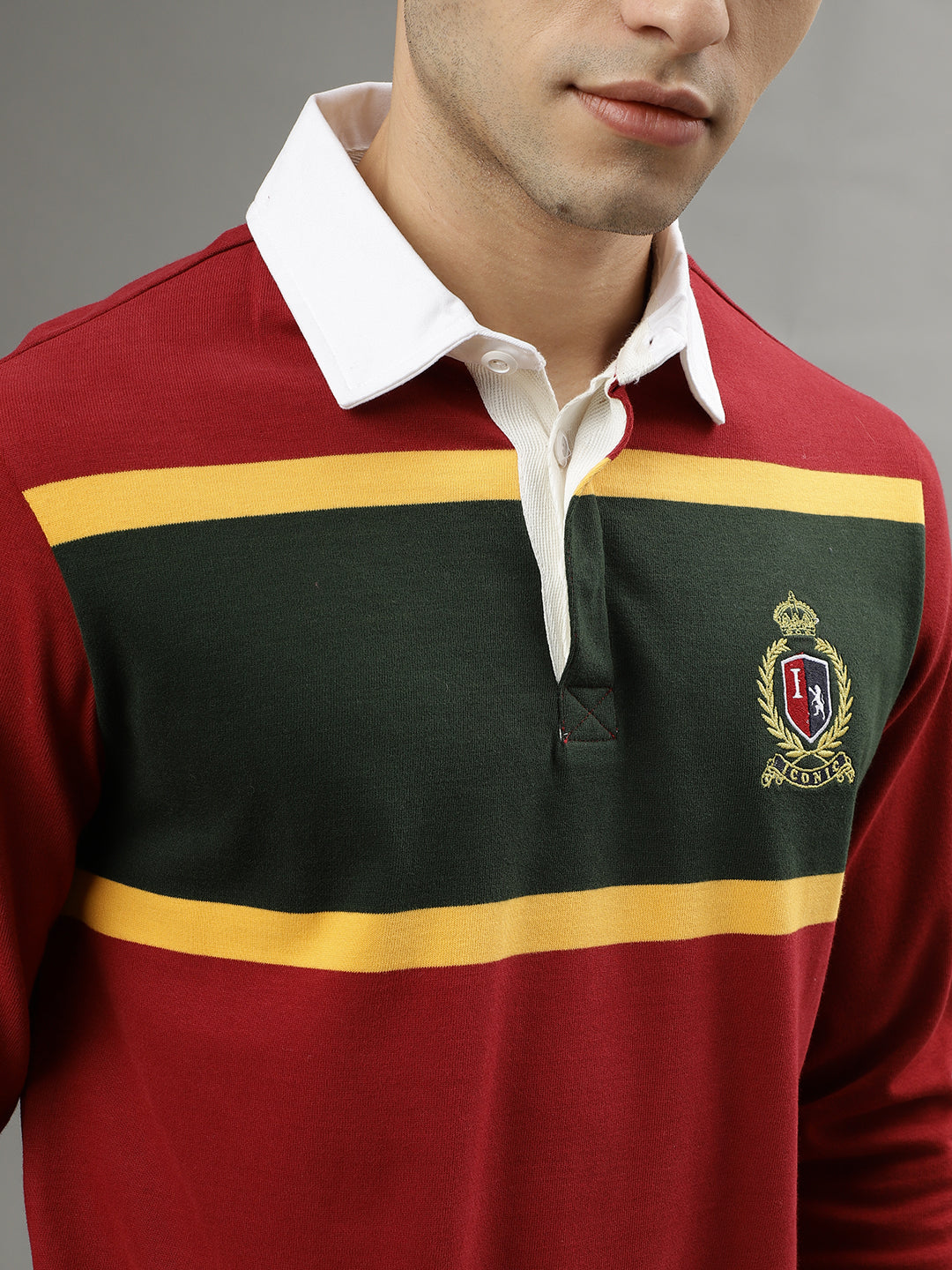 Iconic Men Red Colorblocked Polo Collar Full Sleeves Tshirt