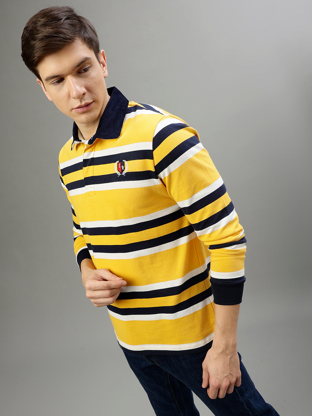 Iconic Men Multicolor Striped Polo Collar Full Sleeves Tshirt