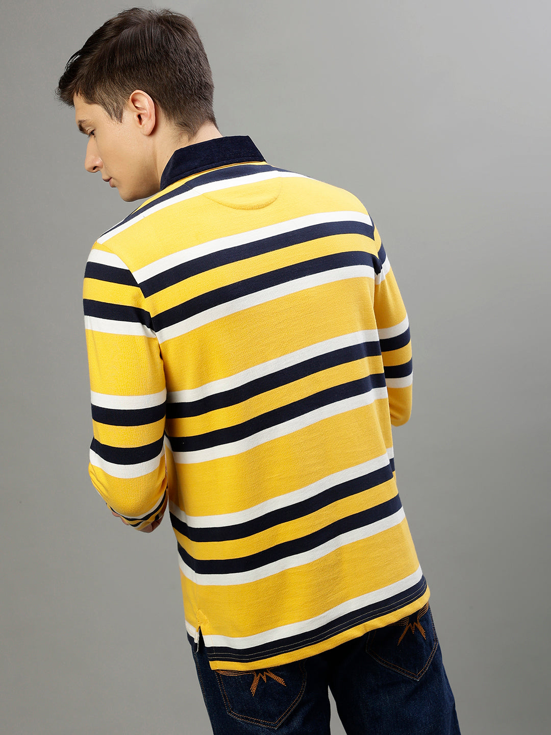 Iconic Men Multicolor Striped Polo Collar Full Sleeves Tshirt
