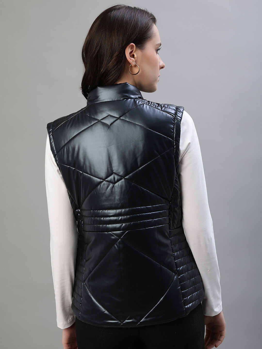 Shop Iconic Women Navy Blue Solid Stand Collar Sleeveless Jacket