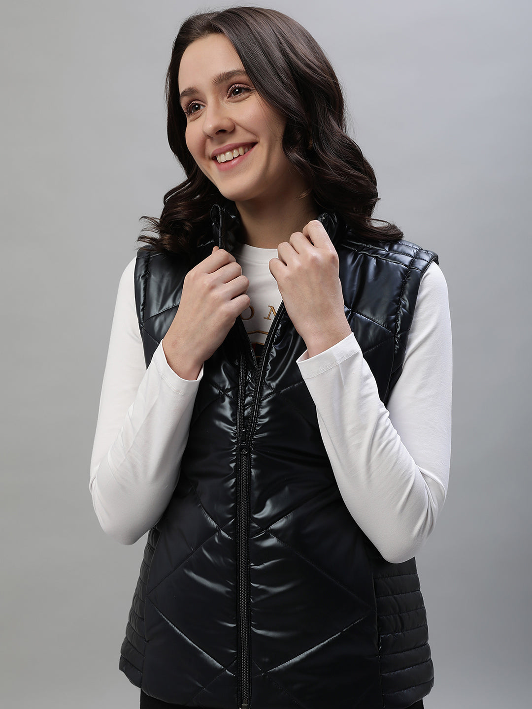Shop Iconic Women Navy Blue Solid Stand Collar Sleeveless Jacket