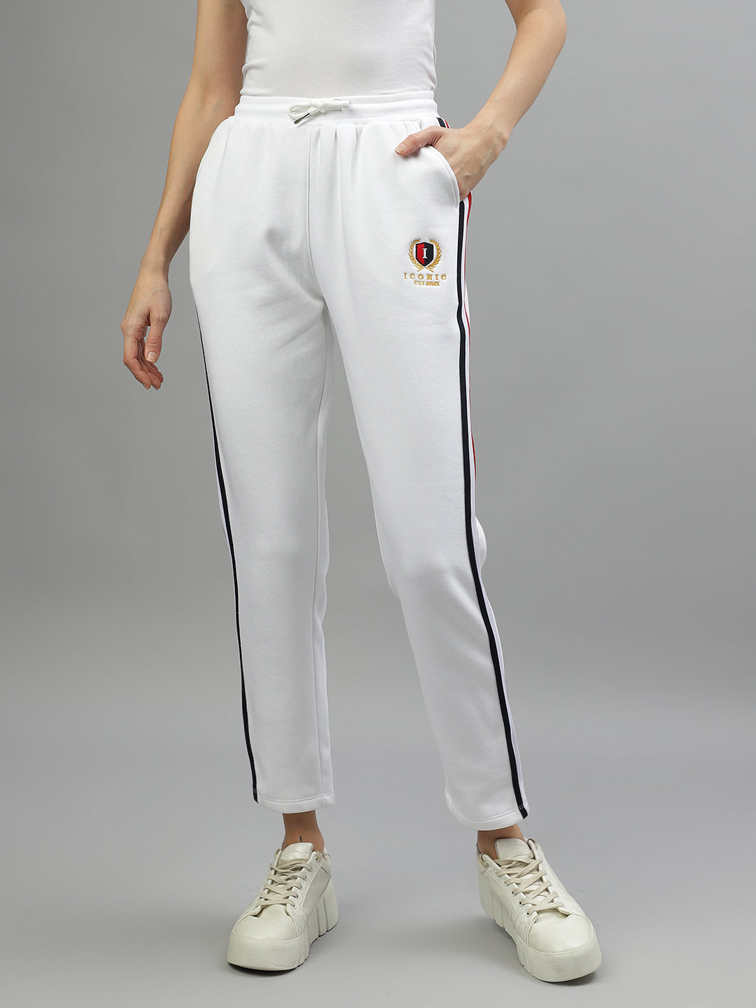 Iconic Women White Solid Regular Fit Mid-Rise Track Pants