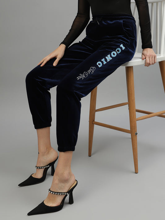 Iconic Women Navy Blue Solid Regular Fit Mid-Rise Track Pants