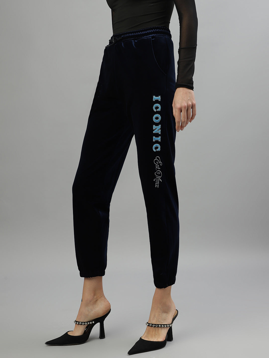Iconic Women Navy Blue Solid Regular Fit Mid-Rise Track Pants