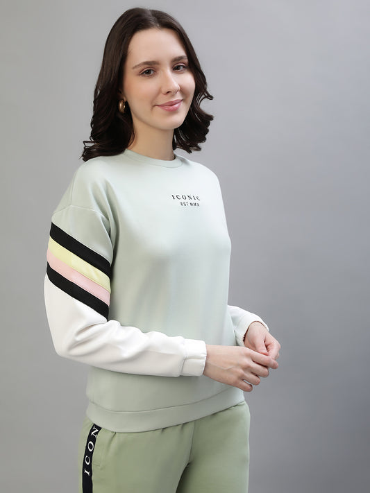Iconic Women Green Colorblocked Round Neck Full Sleeves Sweatshirt