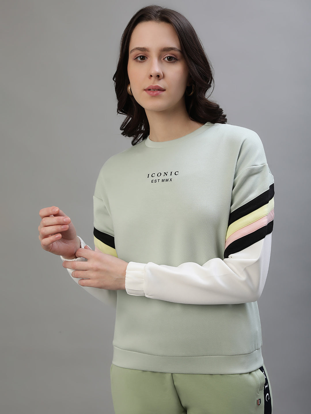 Iconic Women Green Colorblocked Round Neck Full Sleeves Sweatshirt