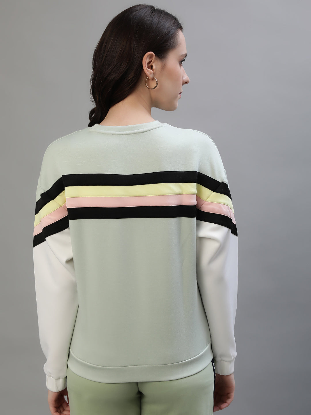 Iconic Women Green Colorblocked Round Neck Full Sleeves Sweatshirt