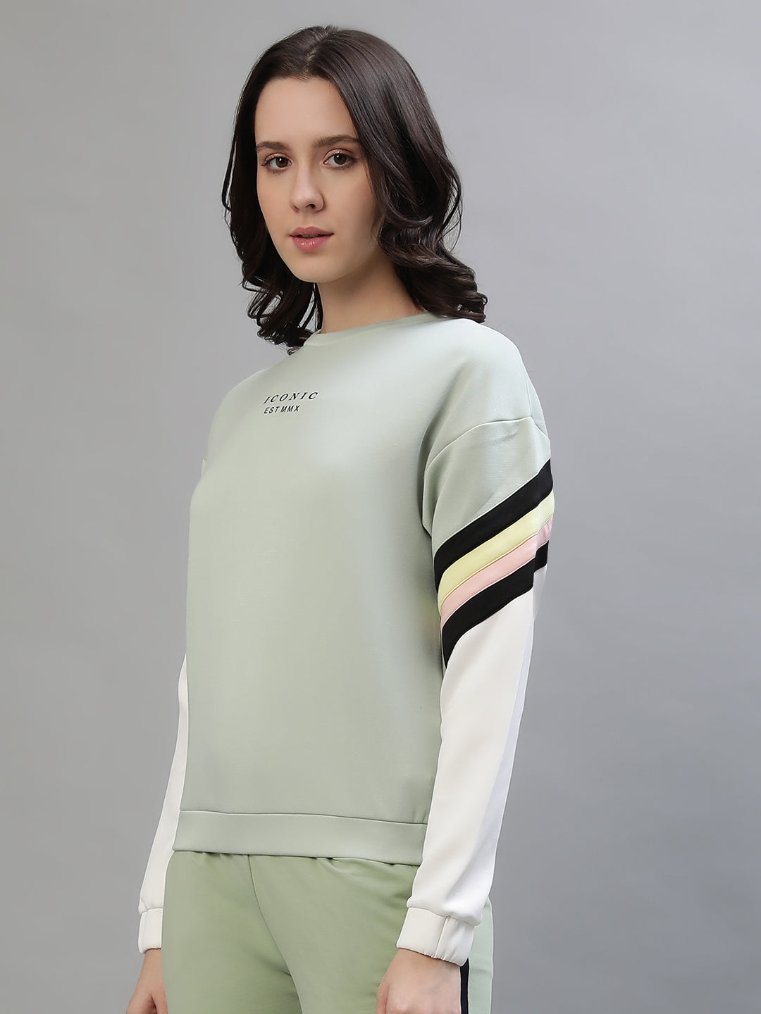 Iconic Women Green Colorblocked Round Neck Full Sleeves Sweatshirt