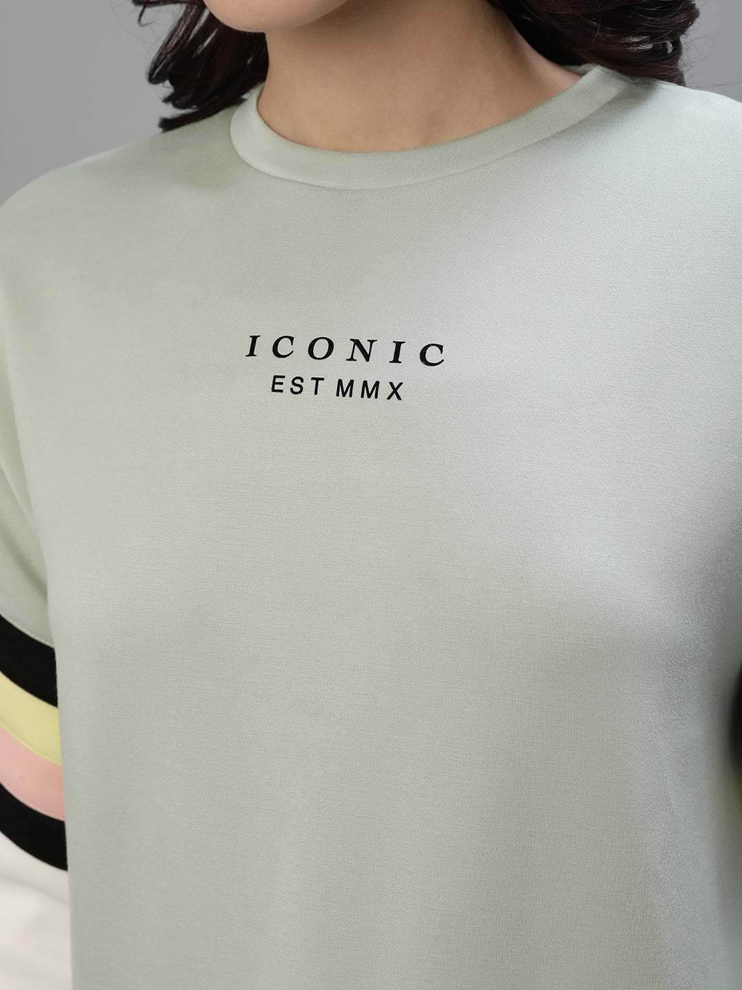 Iconic Women Green Colorblocked Round Neck Full Sleeves Sweatshirt