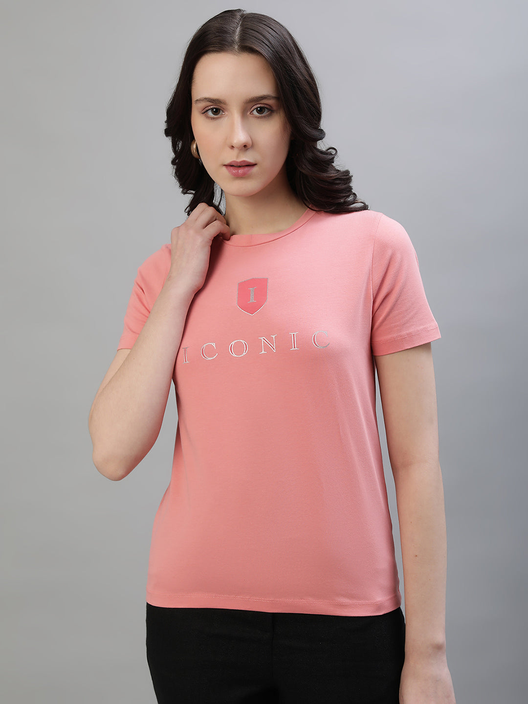 Iconic Women Pink Solid Round Neck Short Sleeves Tshirt
