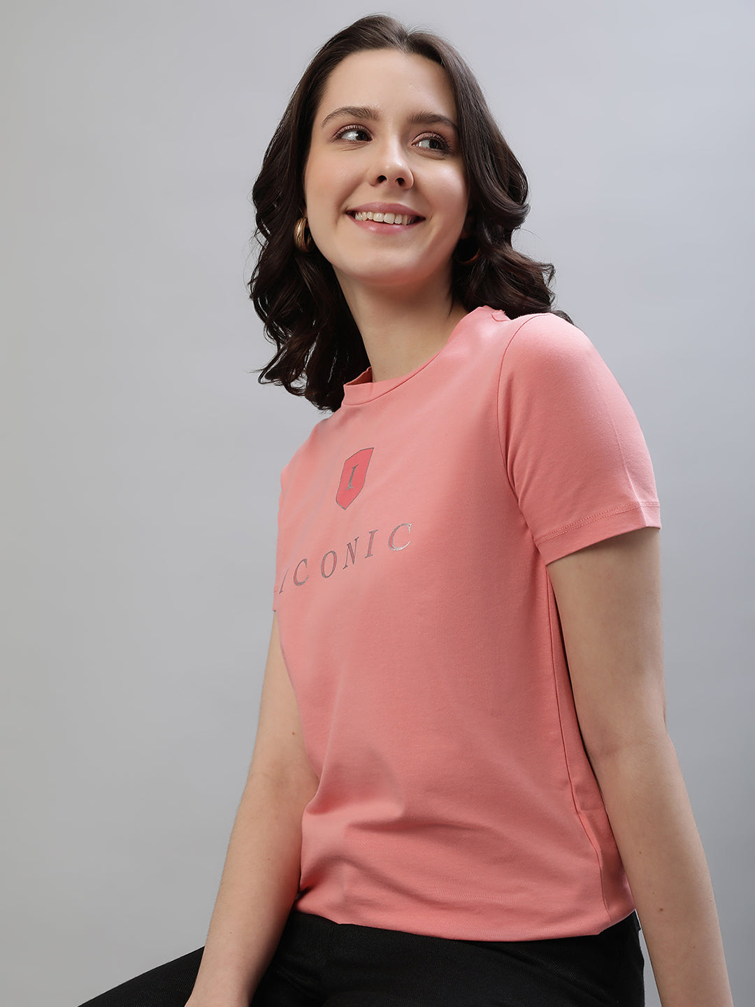 Iconic Women Pink Solid Round Neck Short Sleeves Tshirt