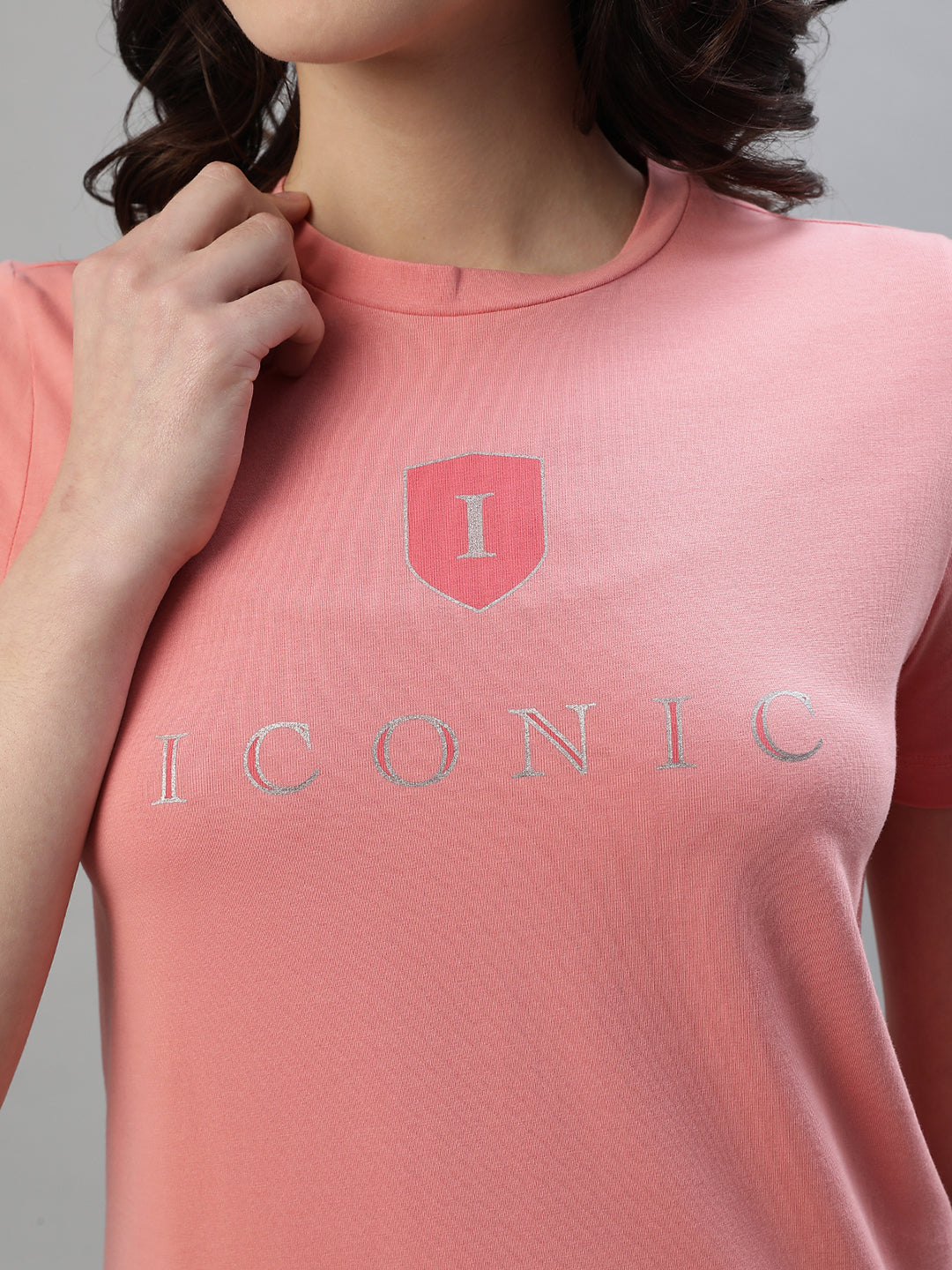 Iconic Women Pink Solid Round Neck Short Sleeves Tshirt