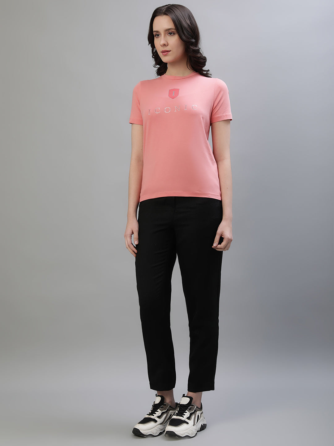 Iconic Women Pink Solid Round Neck Short Sleeves Tshirt