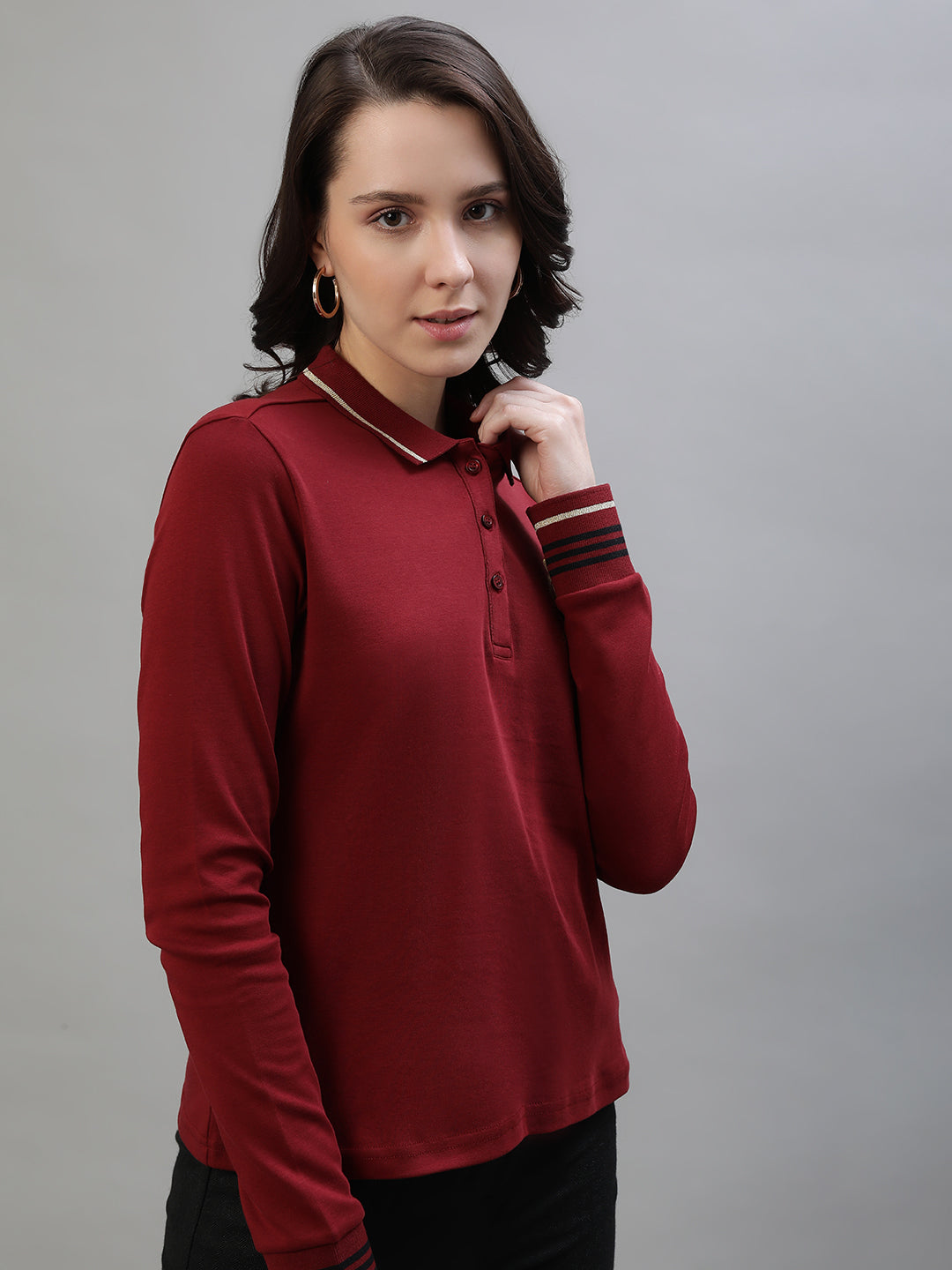Iconic Women Red Solid Polo Collar Full Sleeves Tshirt