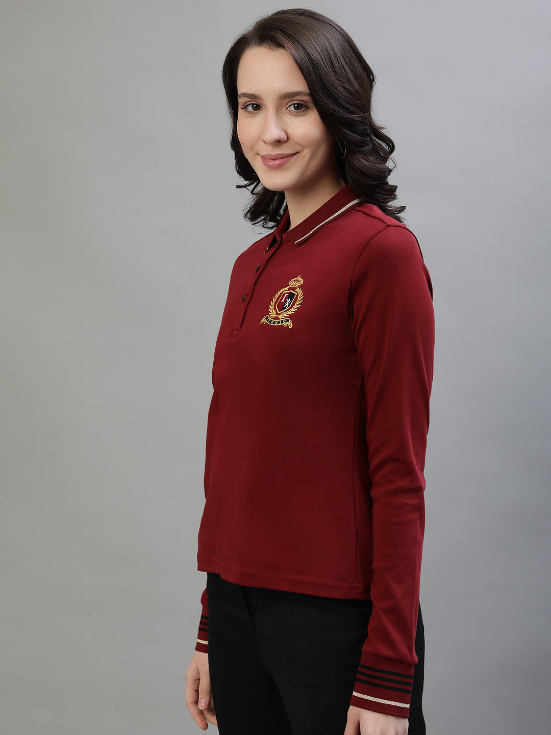 Iconic Women Red Solid Polo Collar Full Sleeves Tshirt