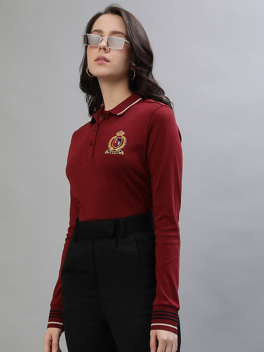 Iconic Women Red Solid Polo Collar Full Sleeves Tshirt