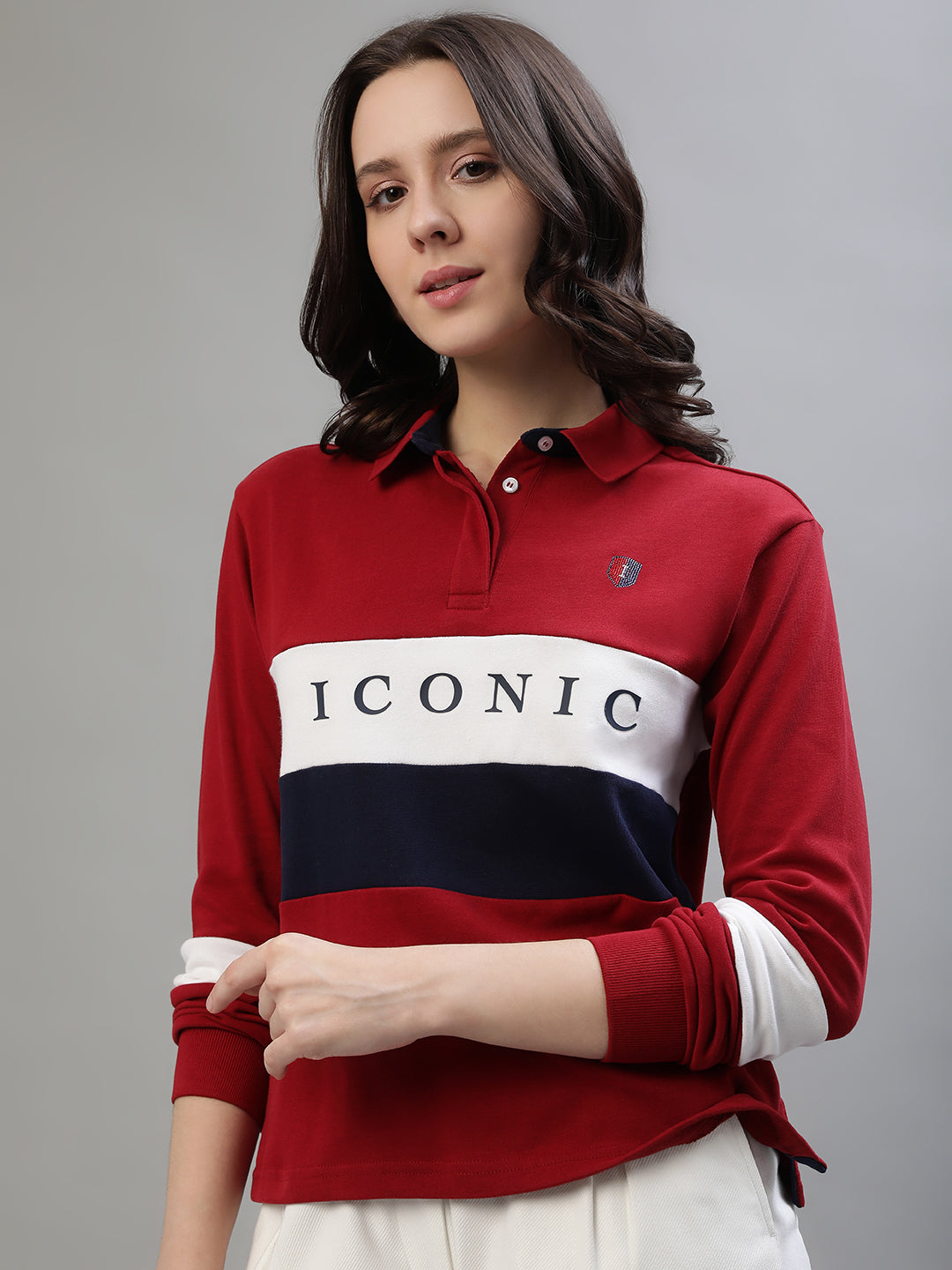 Iconic Women Multicolor Colorblocked Polo Collar Full Sleeves Tshirt