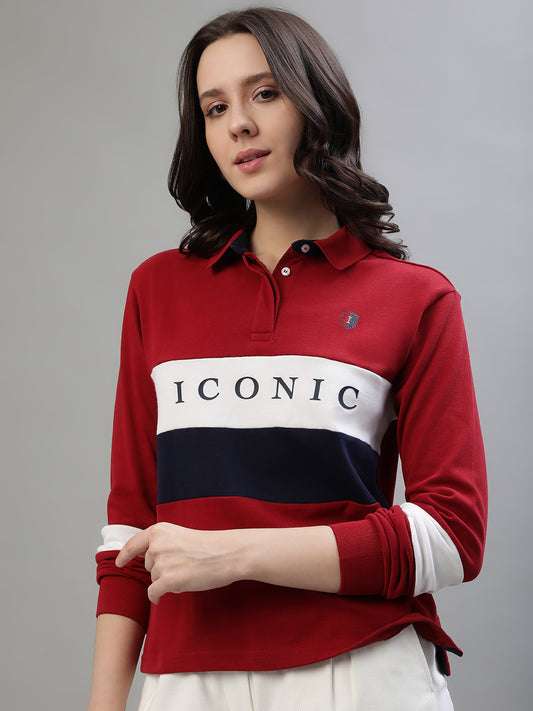 Iconic Women Multicolor Colorblocked Polo Collar Full Sleeves Tshirt