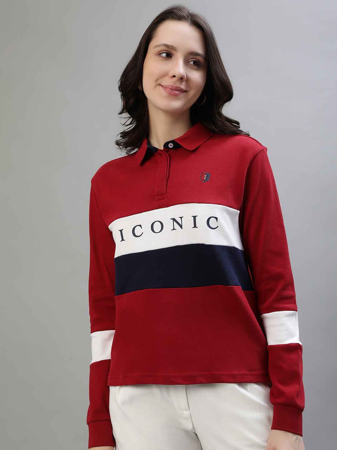 Iconic Women Multicolor Colorblocked Polo Collar Full Sleeves Tshirt