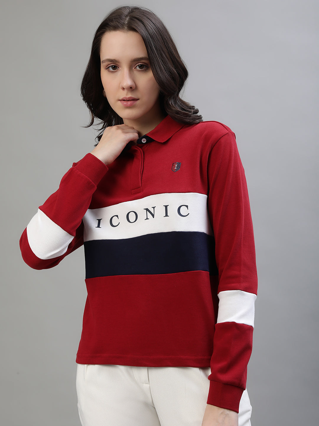 Iconic Women Multicolor Colorblocked Polo Collar Full Sleeves Tshirt