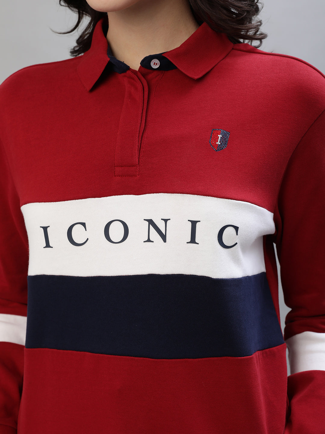 Iconic Women Multicolor Colorblocked Polo Collar Full Sleeves Tshirt