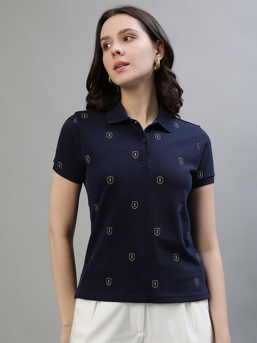 Iconic Women Navy Blue Printed Polo Collar Short Sleeves Tshirt