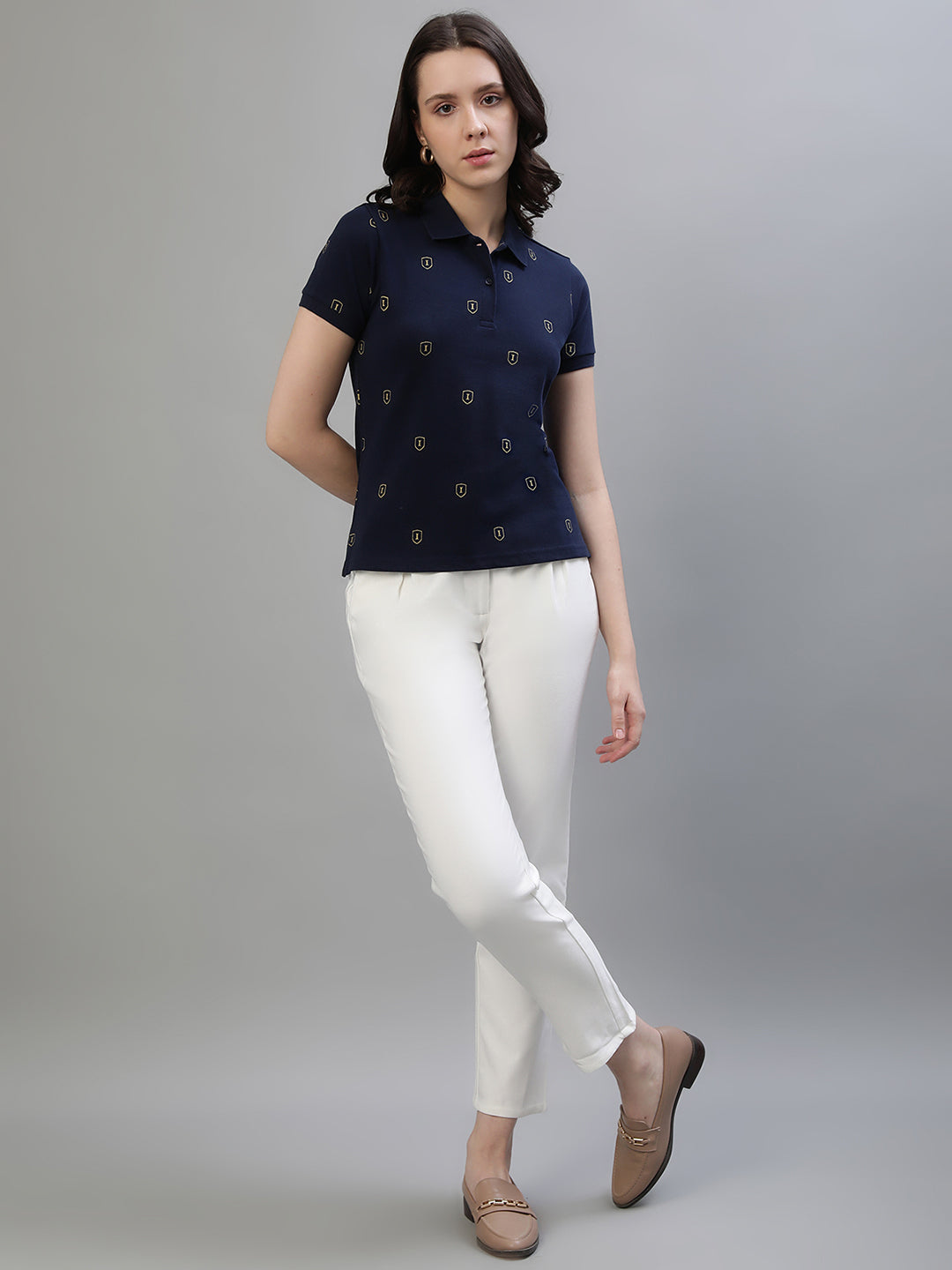 Iconic Women Navy Blue Printed Polo Collar Short Sleeves Tshirt