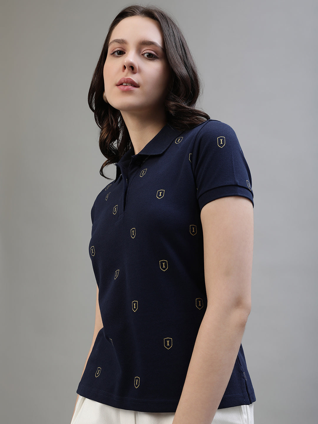 Iconic Women Navy Blue Printed Polo Collar Short Sleeves Tshirt