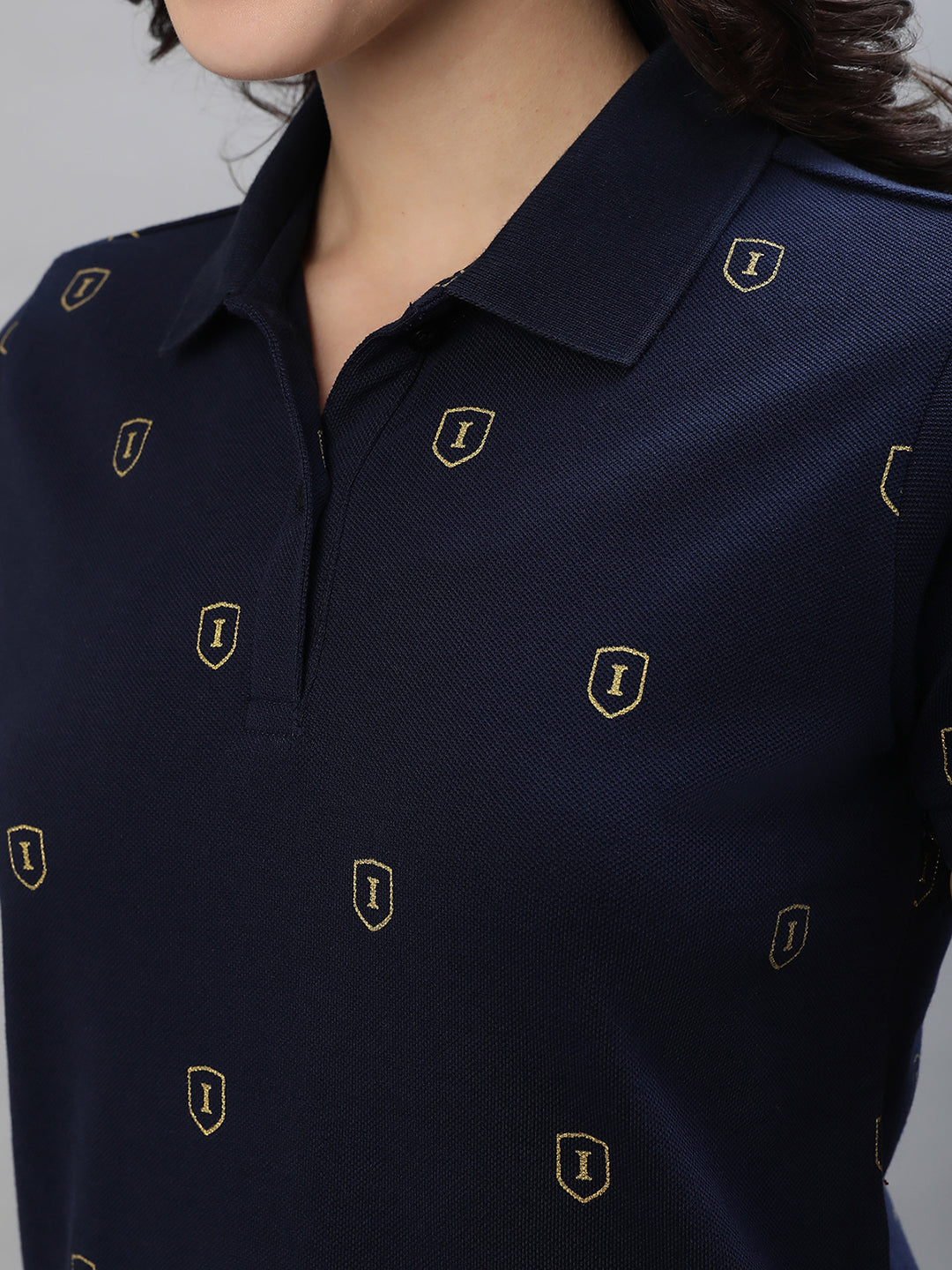 Iconic Women Navy Blue Printed Polo Collar Short Sleeves Tshirt