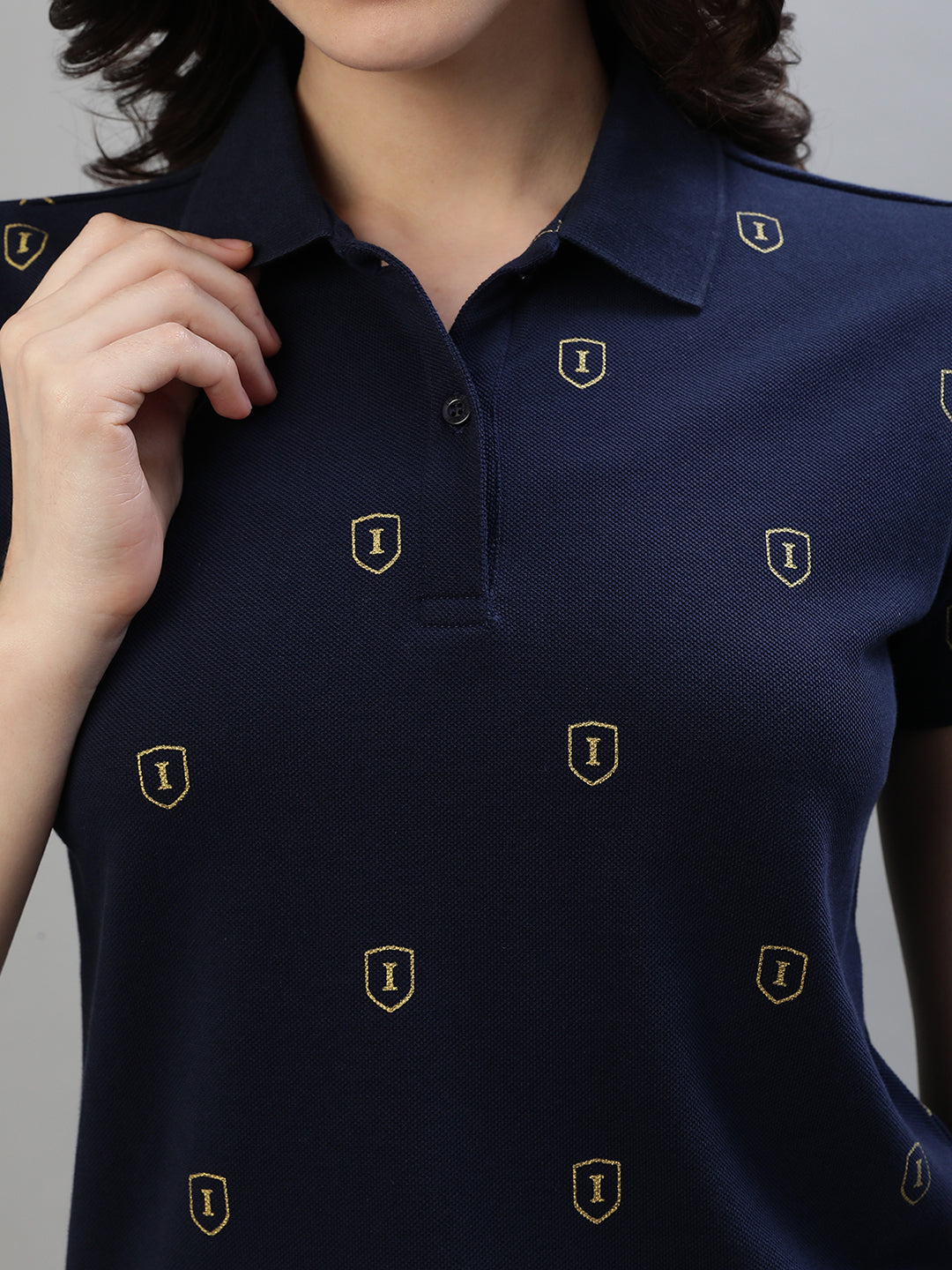 Iconic Women Navy Blue Printed Polo Collar Short Sleeves Tshirt