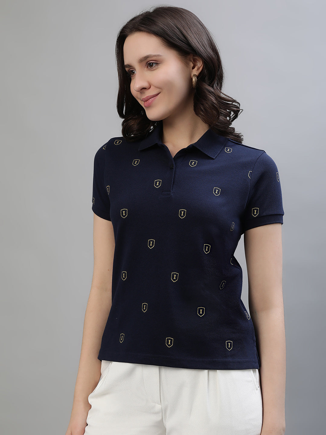 Iconic Women Navy Blue Printed Polo Collar Short Sleeves Tshirt