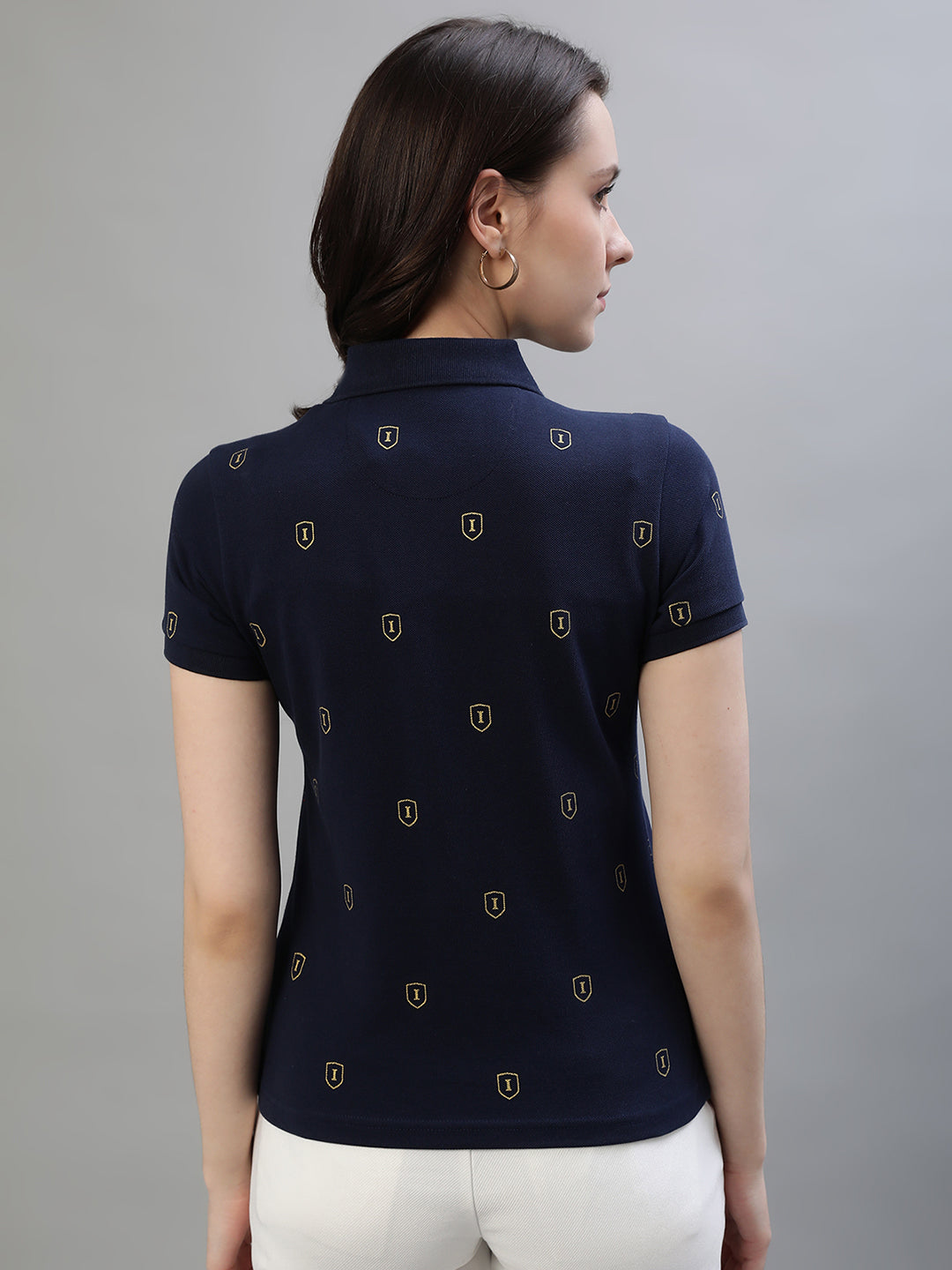 Iconic Women Navy Blue Printed Polo Collar Short Sleeves Tshirt