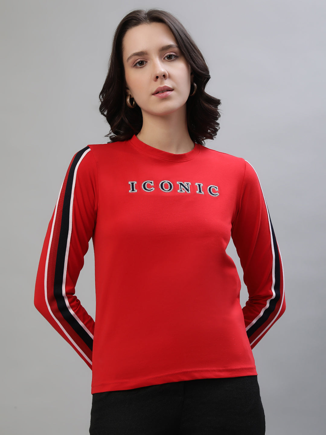Iconic Women Red Solid Round Neck Full Sleeves Tshirt