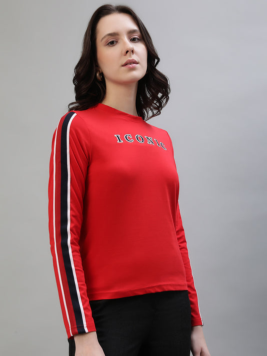 Iconic Women Red Solid Round Neck Full Sleeves Tshirt