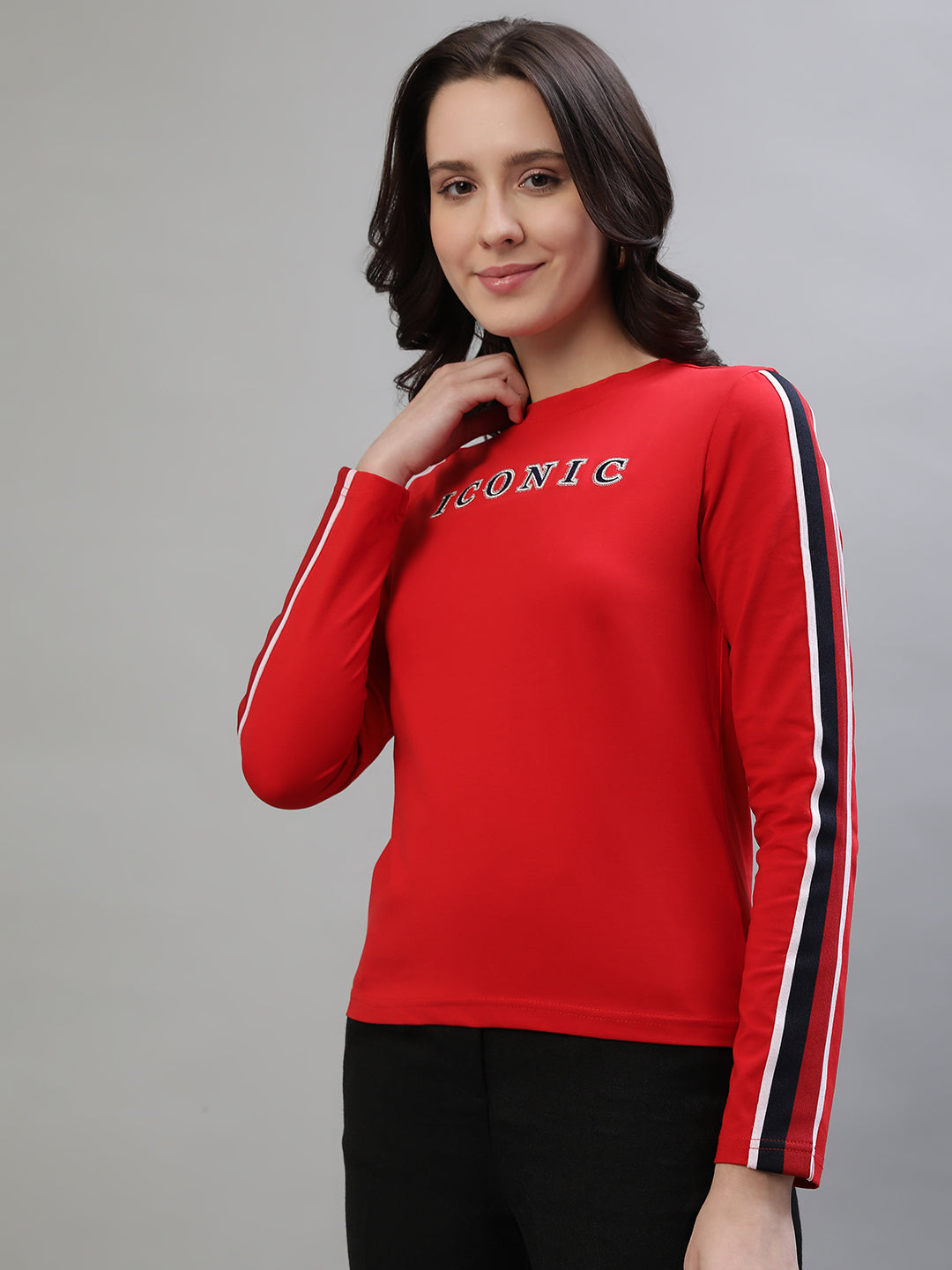 Iconic Women Red Solid Round Neck Full Sleeves Tshirt