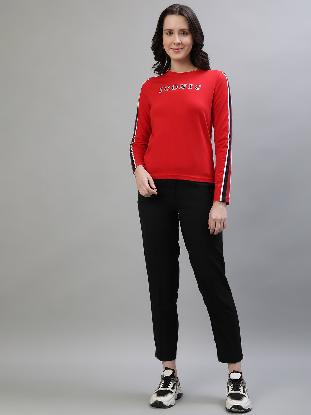 Iconic Women Red Solid Round Neck Full Sleeves Tshirt