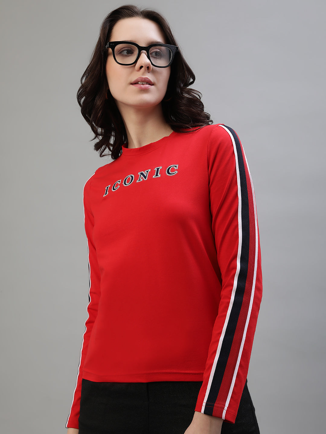 Iconic Women Red Solid Round Neck Full Sleeves Tshirt