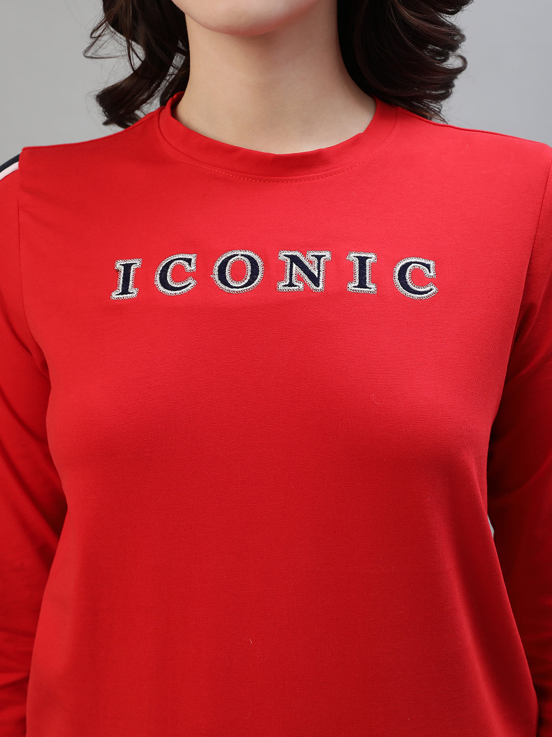 Iconic Women Red Solid Round Neck Full Sleeves Tshirt