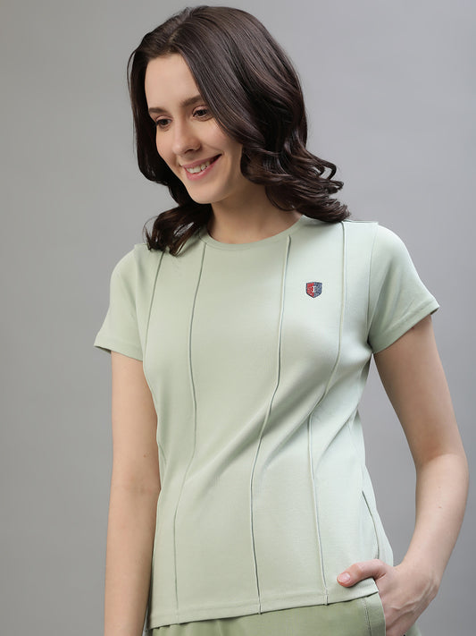 Iconic Women Green Solid Round Neck Short Sleeves Tshirt